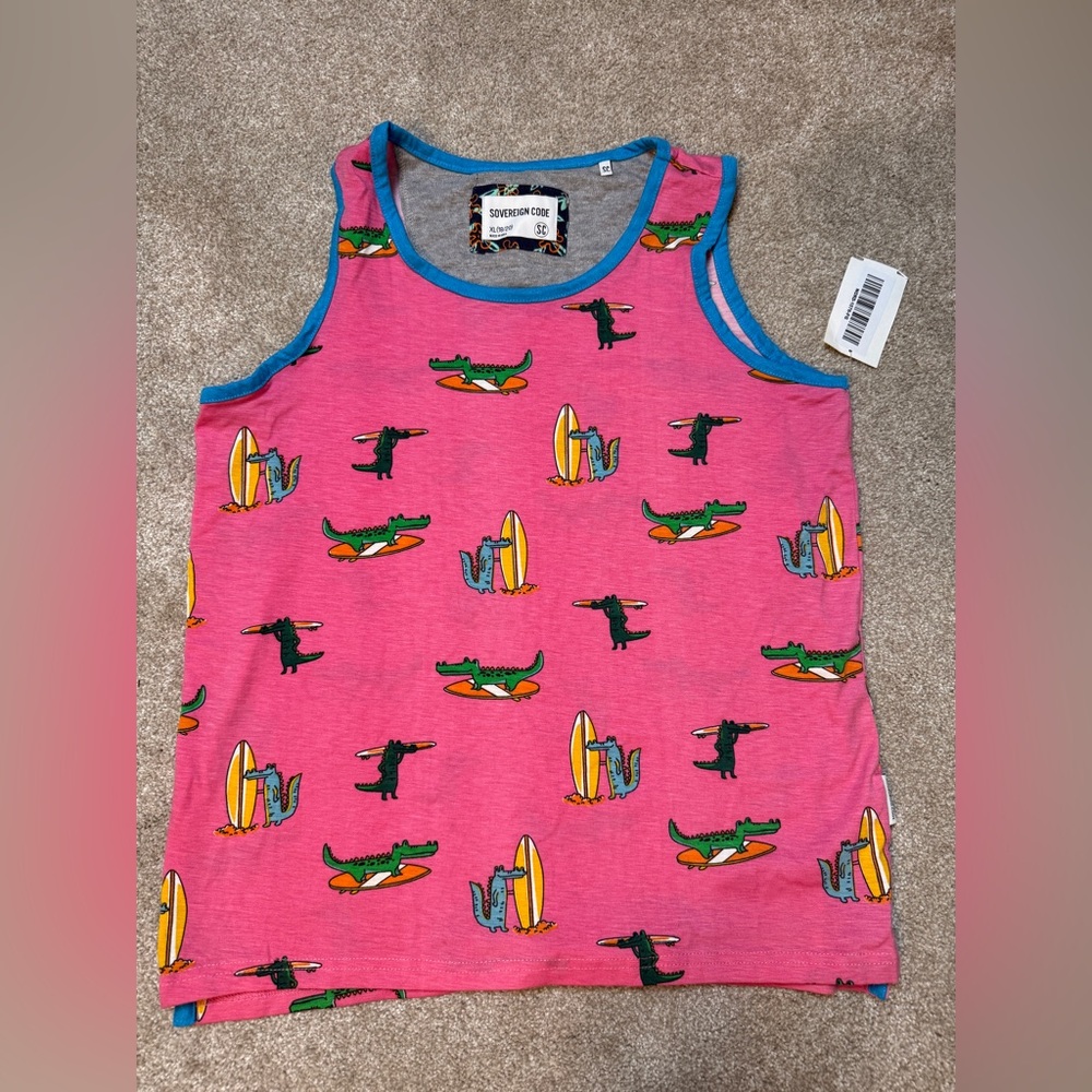 Boys XL Sovereign Code Pink Tank Top with Crocodile and Surfboard Print